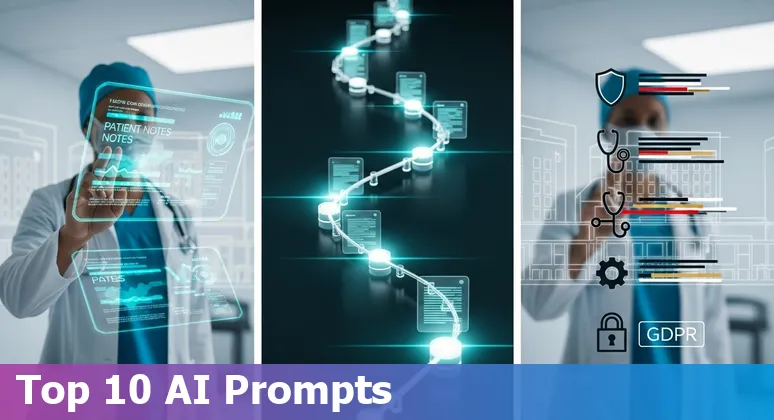 Graphic showing AI use cases in German healthcare: telemedicine, EHR summarization, imaging, prosthetics, and workforce training.
