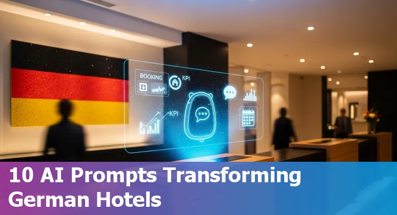 Hotel staff using AI tools and multilingual chatbot on tablet in a German hotel lobby
