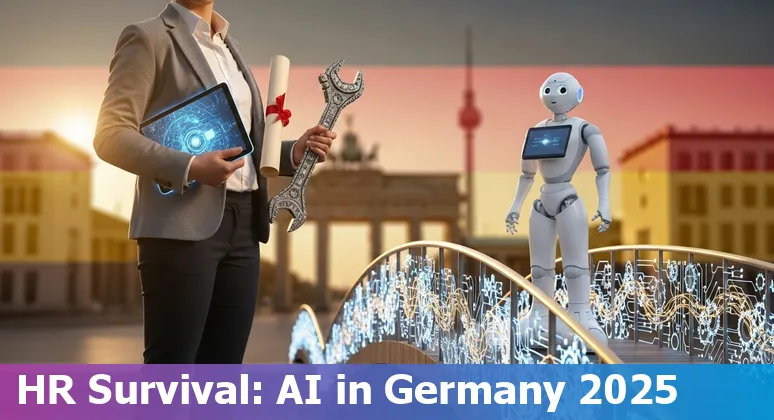 Illustration of an HR professional working with an AI assistant, with German flag colors and a map of Germany in the background.
