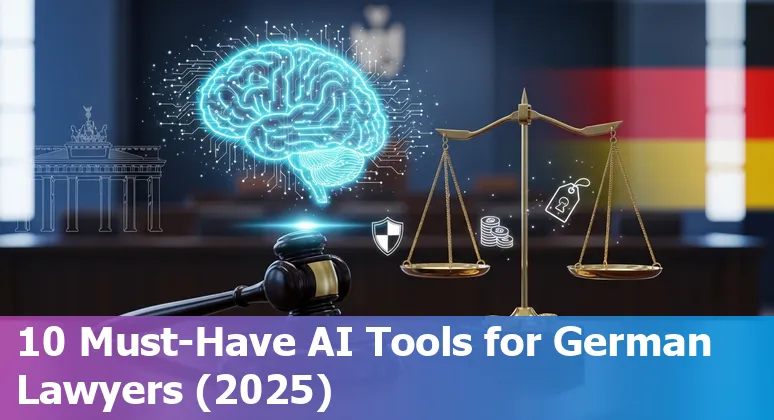Collage of AI tool logos, German gavel and European flag representing legal AI tools in Germany 2025