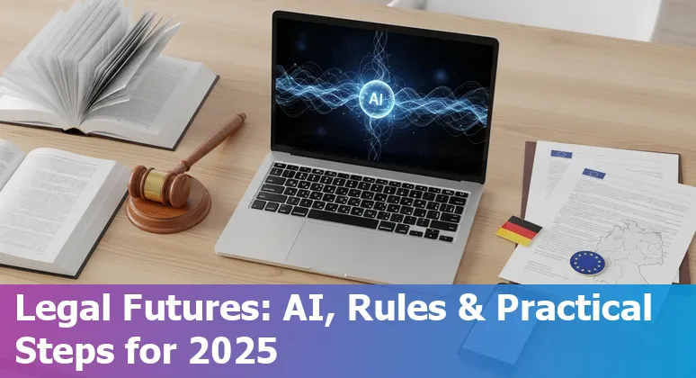 Illustration of a lawyer and AI assistant balancing scales over a map of Germany