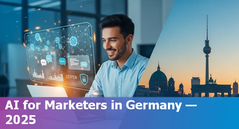 Illustration of AI marketing tools over a map of Germany representing AI in marketing in Germany, 2025