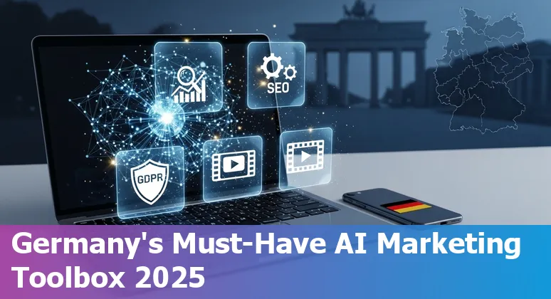 Collage of AI marketing tools logos with German flag and marketing icons