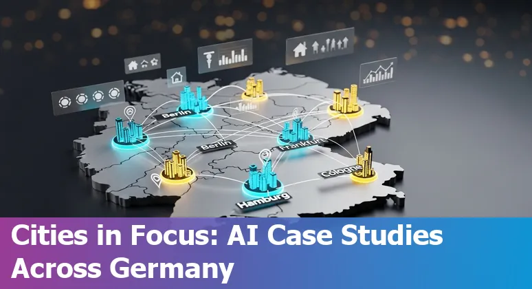 AI-driven real estate scene in Germany 2025: Berlin skyline with digital twin overlays, smart building icons and German PropTech logos