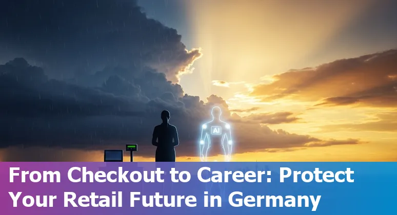 German retail employees learning new tech near self-checkout kiosks in a store
