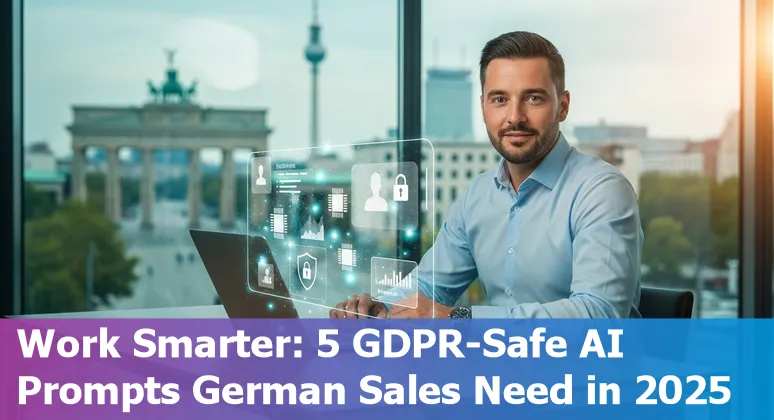 Sales professional using AI prompts on a laptop with German flag icons and a CRM dashboard visible