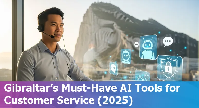Customer service agents using AI chatbots and messaging apps with the Gibraltar skyline in the background
