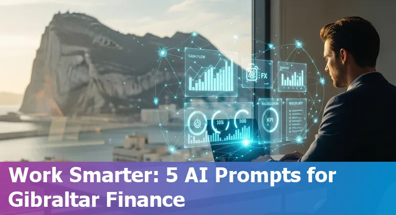 Finance professional using AI prompts on a laptop with the Gibraltar skyline in the background.