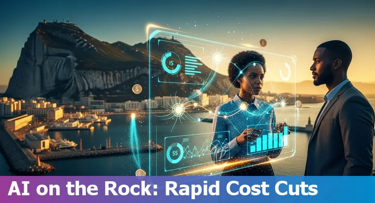 Concept image of AI reducing costs for financial services in Gibraltar showing insurance, gaming and fintech icons over a Gibraltar map