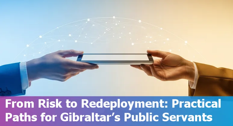 Gibraltar civil servants in a meeting discussing AI-driven automation and reskilling plans in a government office