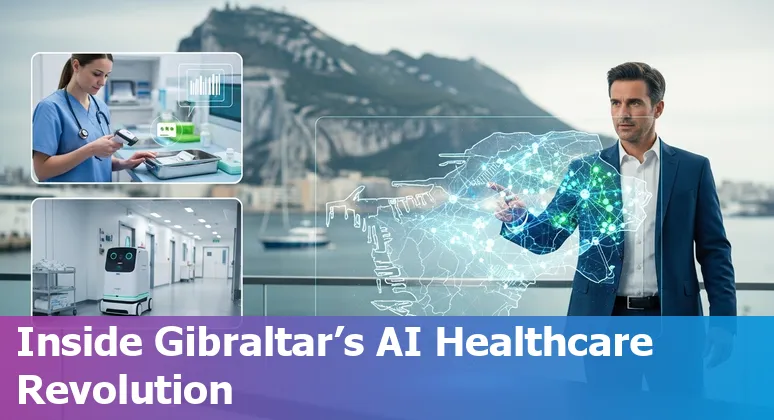 Healthcare professionals using an AI dashboard on a tablet in a Gibraltar hospital setting