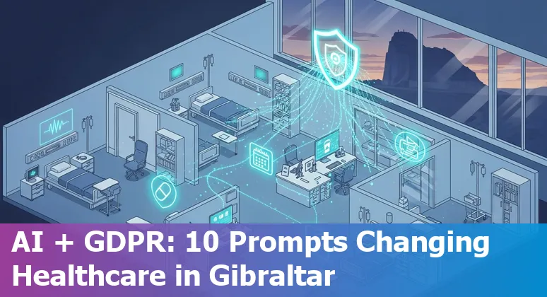 Icons representing AI tools used in Gibraltar healthcare: triage, EHR scribing, radiology, monitoring, and compliance.