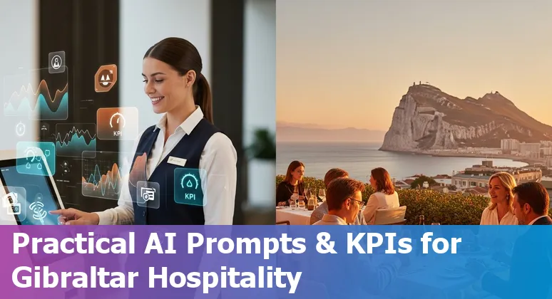 Hotel staff using AI tools with Gibraltar Rock and harbor in background