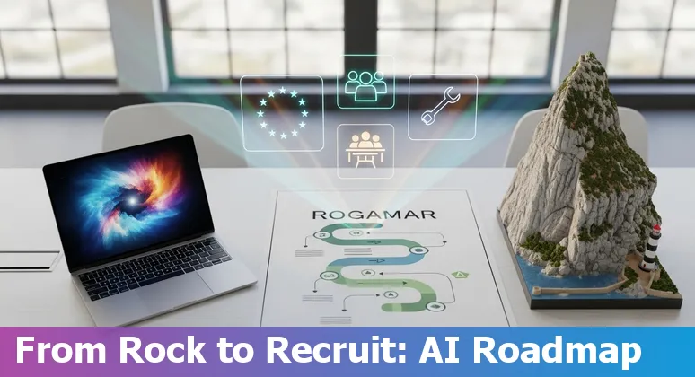 HR professionals using AI tools in an office with Gibraltar skyline, guiding HR adoption in Gibraltar