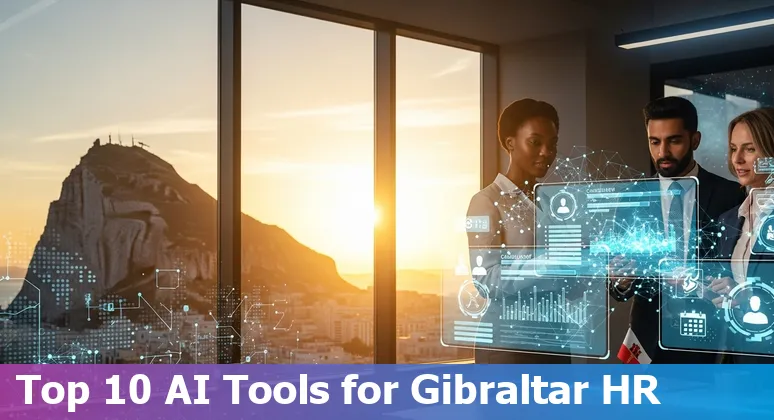 Gibraltar HR professional reviewing AI HR tool dashboards showing Paradox, Eightfold, SeekOut, Reejig, Betterworks, Leapsome, Gloat, Lattice, ChartHop, Coworker.ai logos
