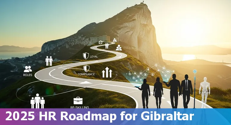 HR professional and AI icons over the Gibraltar skyline — AI impact on HR jobs in Gibraltar, 2025
