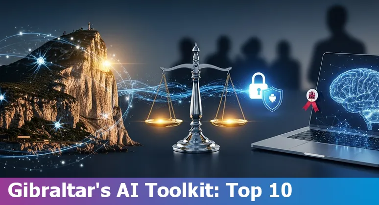 Gibraltar legal professional using AI tools on a laptop with Gibraltar skyline in background