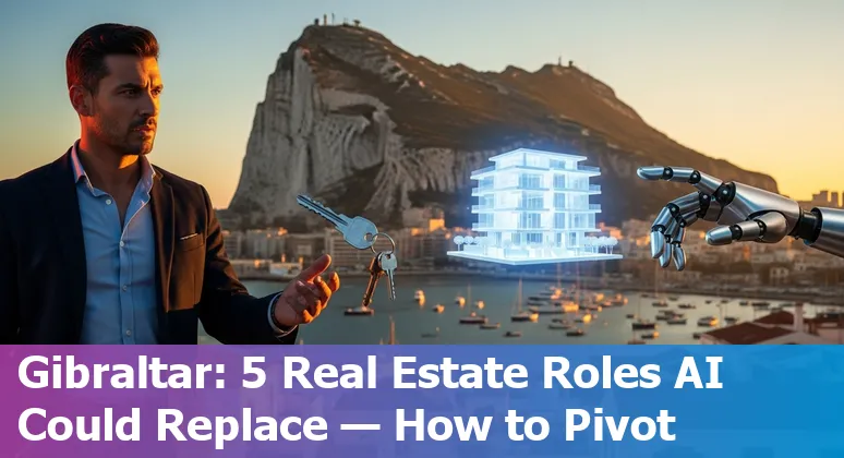 Gibraltar skyline with real estate icons and AI automation symbols showing jobs at risk and upskilling paths