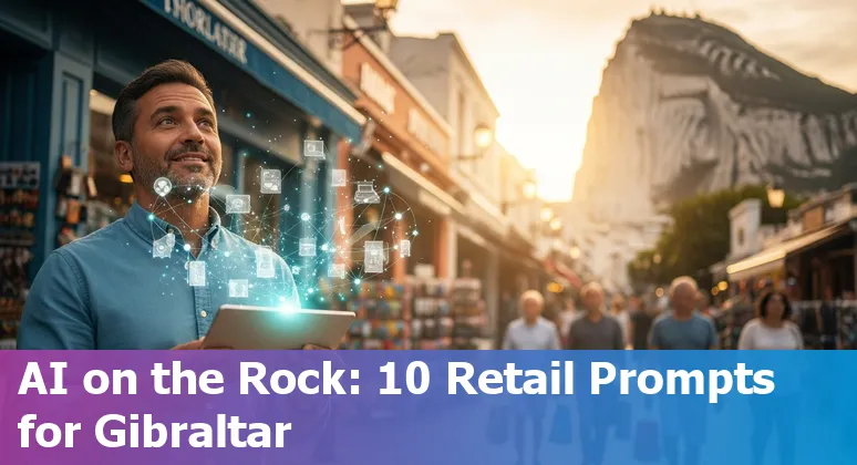 Gibraltar retail storefront with AI icons for inventory, chatbot, pricing, checkout and visual search overlay