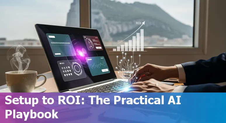 Sales professional using AI tools in a Gibraltar office in 2025, drafting follow-up emails and updating CRM
