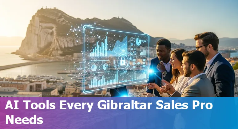 Logos of Salesforce, HubSpot, Gong, Clari, Outreach, Persana, Cognism, LinkedIn Sales Navigator, Lavender and Fireflies over the Gibraltar skyline