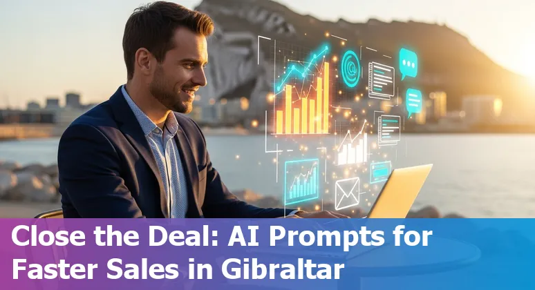 Sales professional using AI prompts on laptop with Gibraltar skyline in background