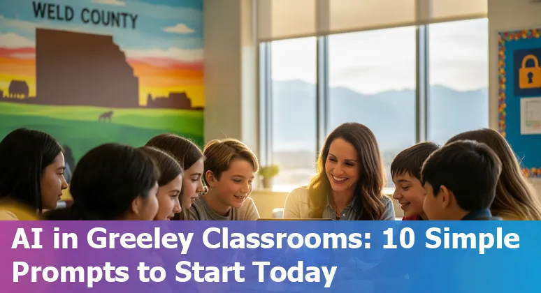 Teacher using AI laptop in a Greeley classroom with students and Colorado mountains visible outside.