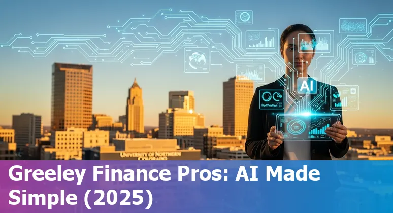 Finance professional using AI tools in Greeley, Colorado in 2025 — laptop with dashboards and Greeley skyline