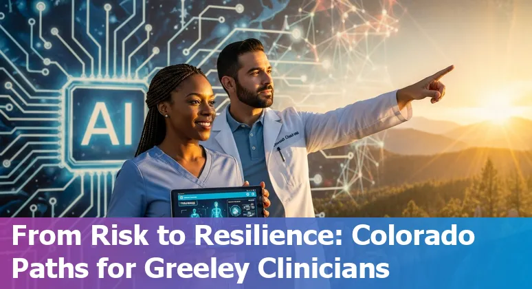 Greeley Colorado healthcare workers and AI icons overlaid on a map of Northern Colorado