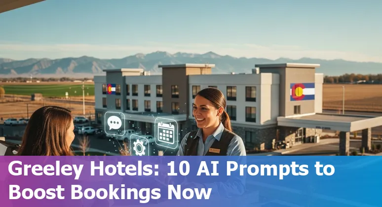 Hotel front desk tablet showing AI-driven dashboard with guests and local Greeley skyline in background