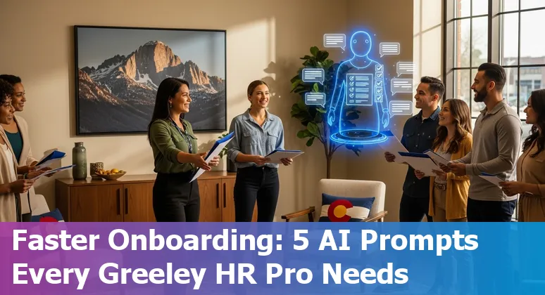 HR professional using AI prompts on a laptop with Greeley, Colorado skyline in background