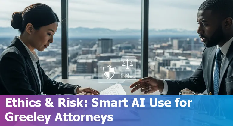 Greeley Colorado lawyer using AI tools on a laptop with Colorado skyline—AI legal tech in Greeley, Colorado image