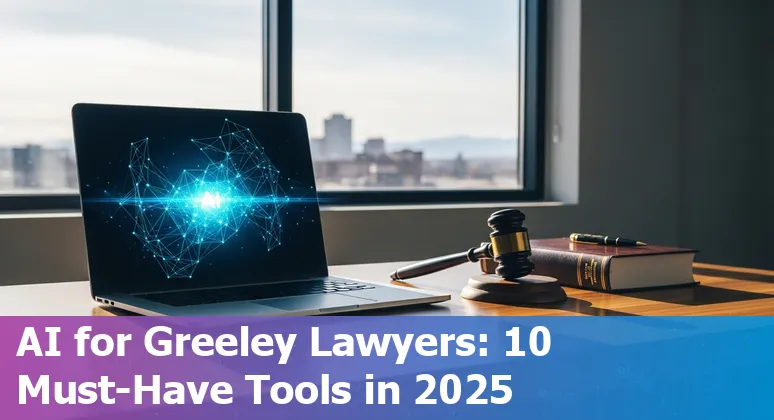 Collage of AI icons and legal imagery over a Greeley, Colorado courthouse skyline