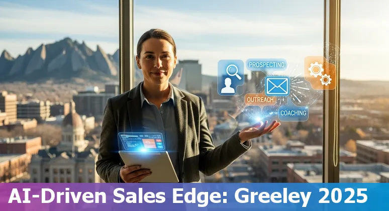Collage of AI sales tools logos with Greeley, Colorado skyline and salespeople using laptops.