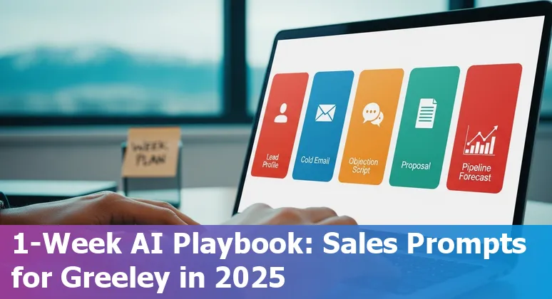 Sales professional using AI prompts on a laptop with Greeley, Colorado skyline in the background