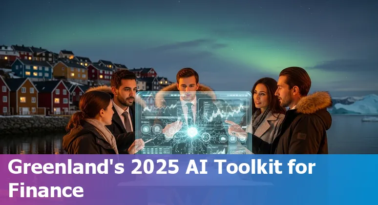 Icons of ChatGPT, Datarails, Planful and other AI finance tools over a map outline of Greenland with charts