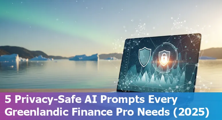Greenland finance professional using AI prompts on laptop with Nuuk skyline in background