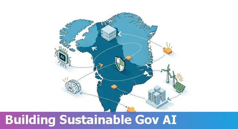 Concept image of AI and Arctic data centers with Nuuk skyline and Ilulissat Icefjord in Greenland