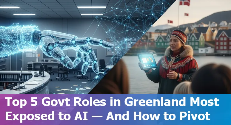 Greenland government worker using a laptop with AI icons and Nuuk skyline in the background