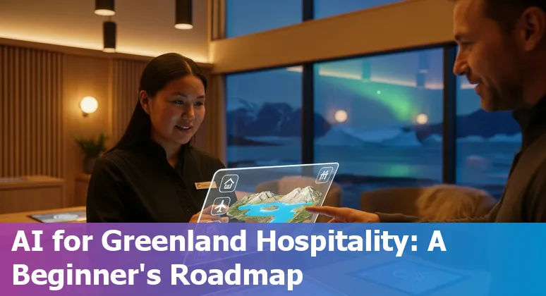 Hotel lobby with AI concierge screen and Greenland landscape visible through window — AI in Greenland hospitality 2025