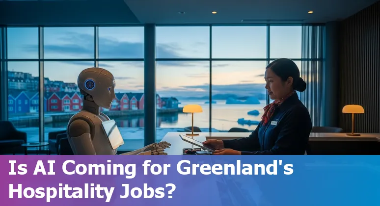 Greenland hotel receptionist assisting guests while a self-service kiosk and cleaning robot operate in the background.