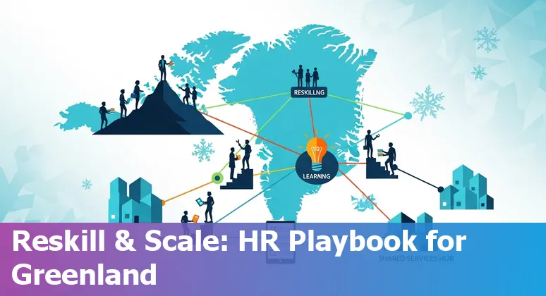 Illustration of HR professionals and AI tools in a Greenland office, showing automation, reskilling, and shared services in Greenland