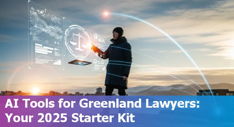 Legal professional using AI on a laptop in Nuuk, Greenland, with Arctic landscape visible
