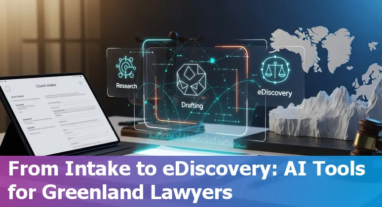 Greenland lawyer using AI legal tools on a laptop with Nuuk cityscape in the background