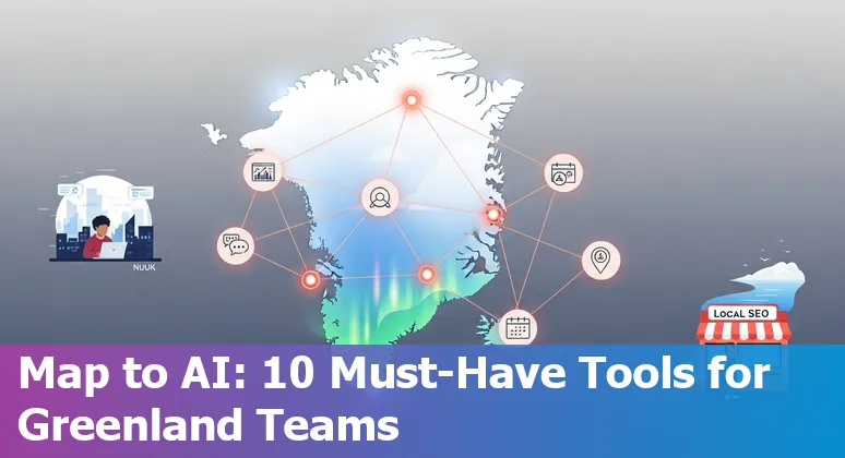 Collage of Jasper, MarketMuse, ManyChat, Seventh Sense, SurferSEO, SEMrush, Grammarly, HubSpot, Ocoya and Ahrefs logos over a map of Greenland
