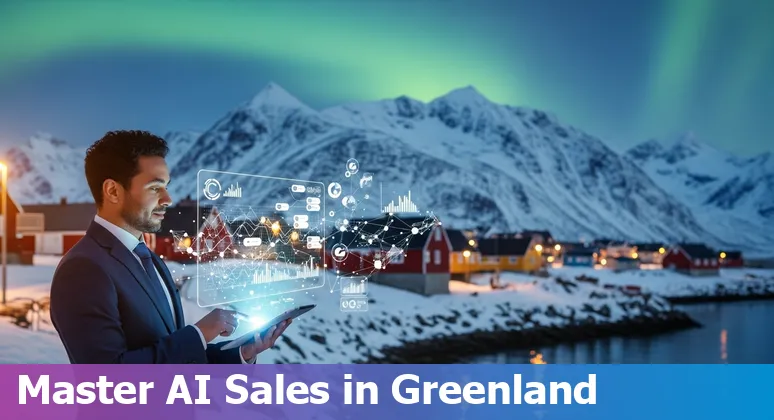 Sales professional using AI tablet with Nuuk landscape in Greenland background