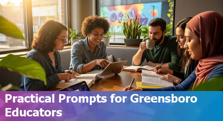 Students and faculty in a Greensboro classroom using AI tools on laptops with campus buildings in the background.