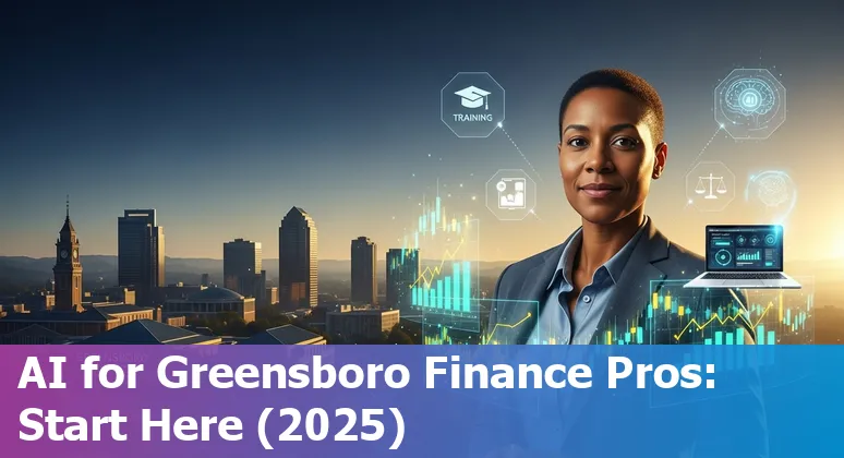 Finance professional using AI tools at a Greensboro, North Carolina office with Grandover Resort conference materials in view