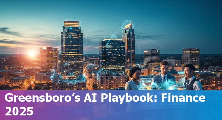Illustration of AI in financial services with Greensboro, North Carolina skyline and UNCG Bryan School landmark
