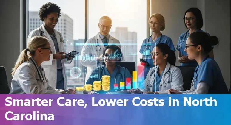 Greensboro, North Carolina hospital staff and AI dashboard showing cost-savings metrics